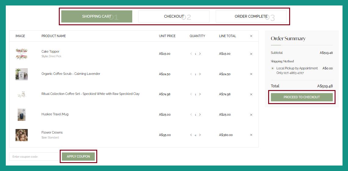 Wild Posy Co. website, specifically their checkout process emphasising their step progress bar and CTAs like