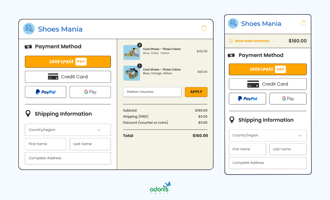 Two sample images created by Boderia to present the desktop and mobile view of a checkout page