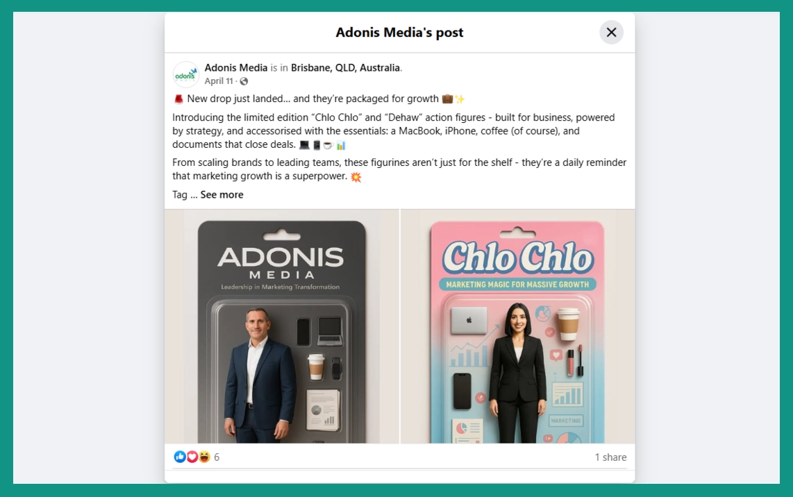 An Boderia Facebook post about Derek and Chloe Buntin's AI-Generated action figures