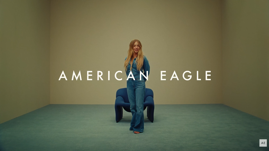 An image from the video wherein Sydney Sweeney is shown wearing denim jacket and jeans