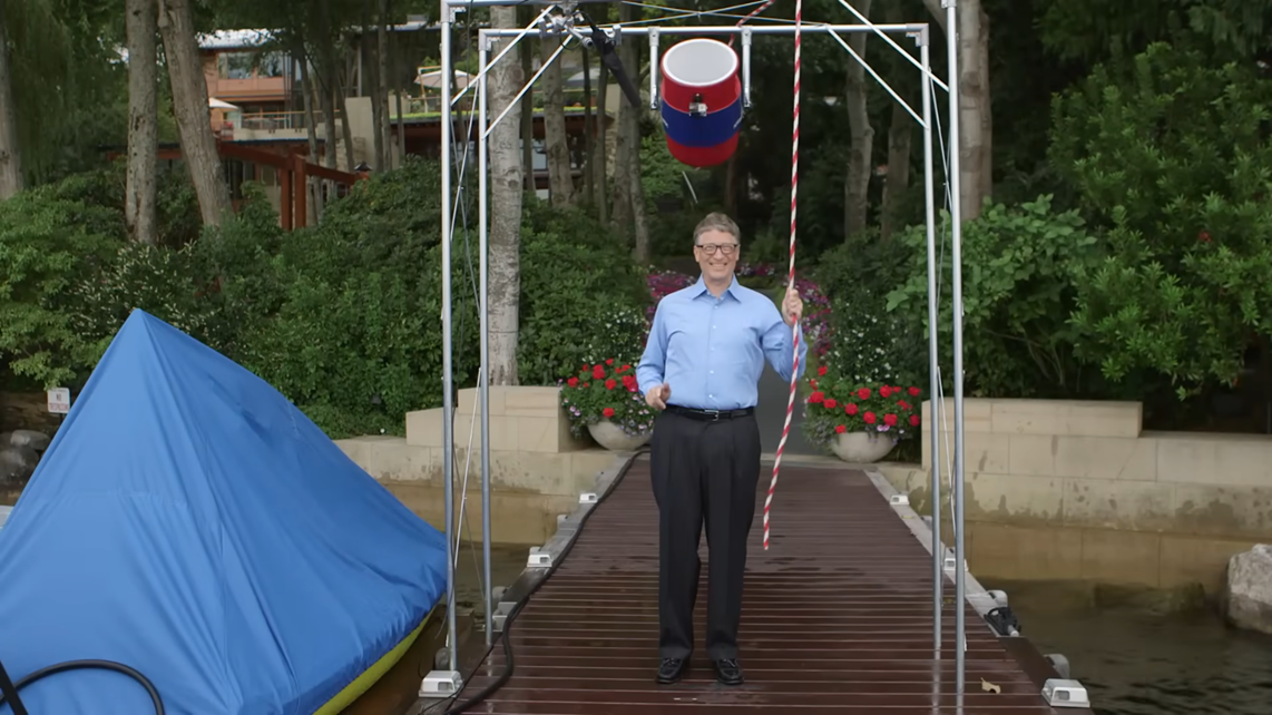 An image from the video wherein Bill Gates is ready to do the ALS Ice Bucket Challenge