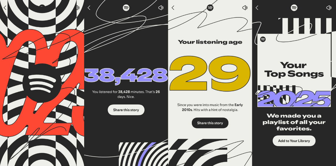Screenshots of Spotify Wrapped in year 2025