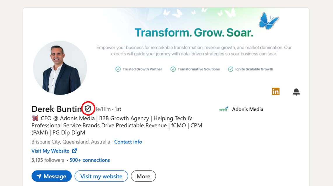 LinkedIn Verification Badge example, from Boderia's CEO Derek Buntin