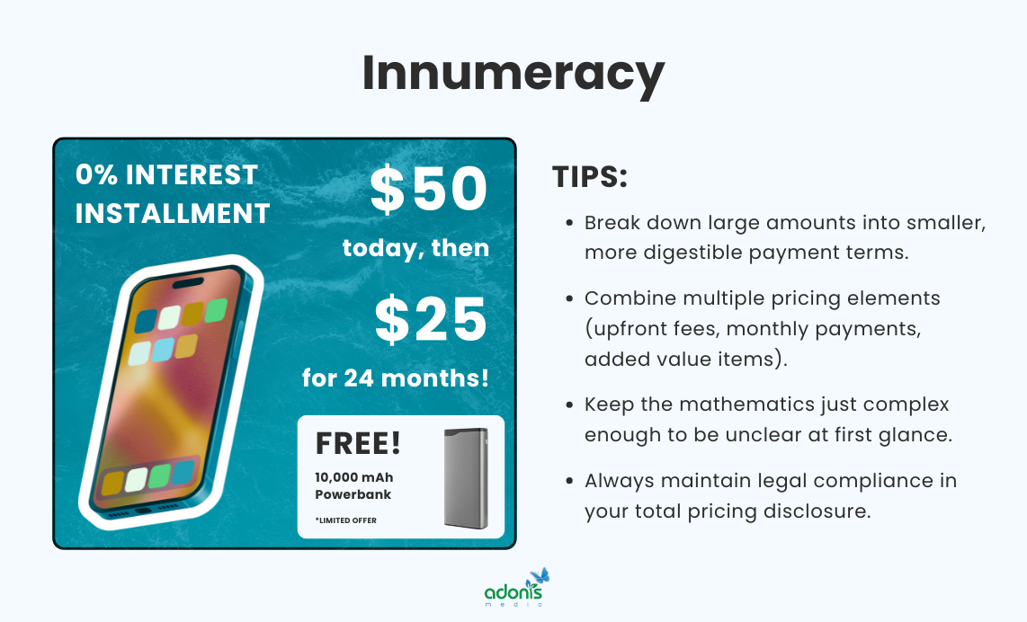 An illustration of innumeracy as a psychological pricing (installment of phone instead of charging all upfront) and helpful tips to implement it