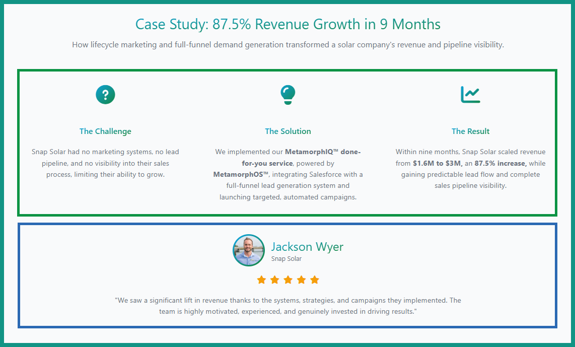 An image from a page of Boderia which emphasises the case study and the testimonial