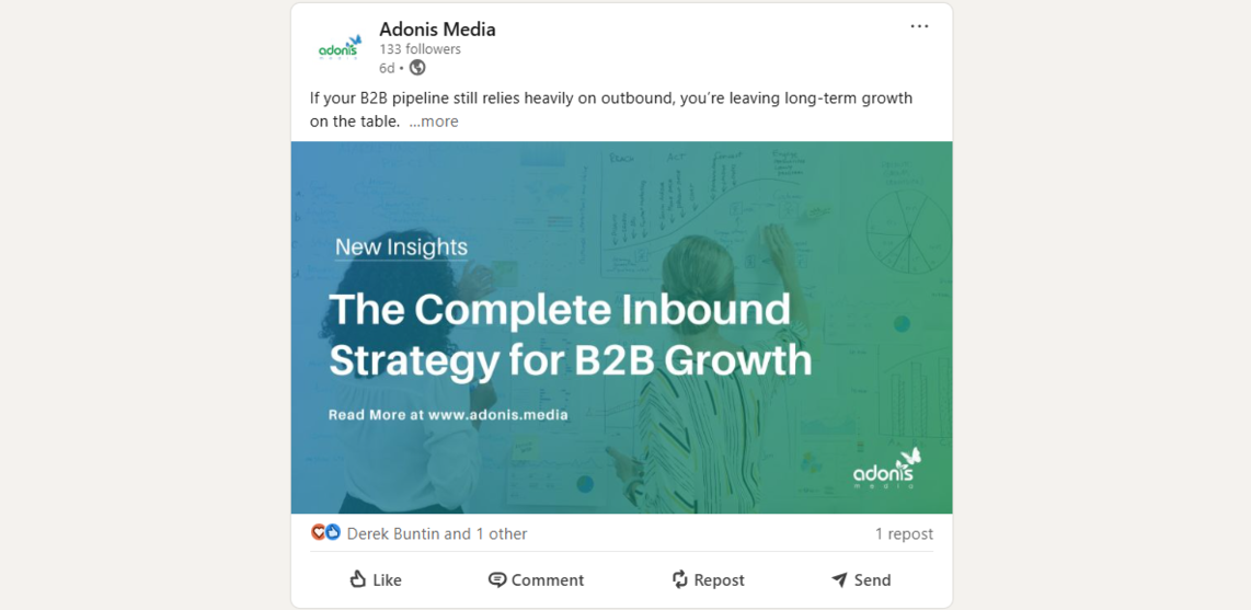 A blog post of Boderia about inbound strategy for B2B growth repurposed as a LinkedIn post for brand awareness