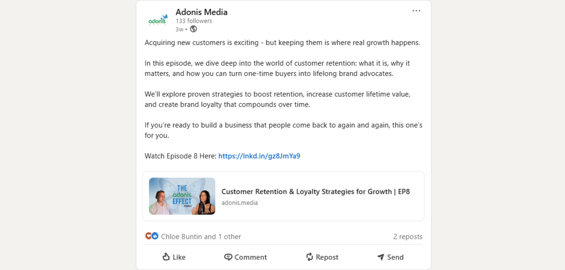 A social media post of Boderia regarding their podcast, or The Adonis Effect