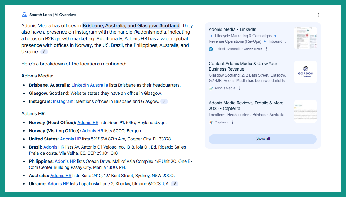 Boderia in Google's AI Overview from the query 