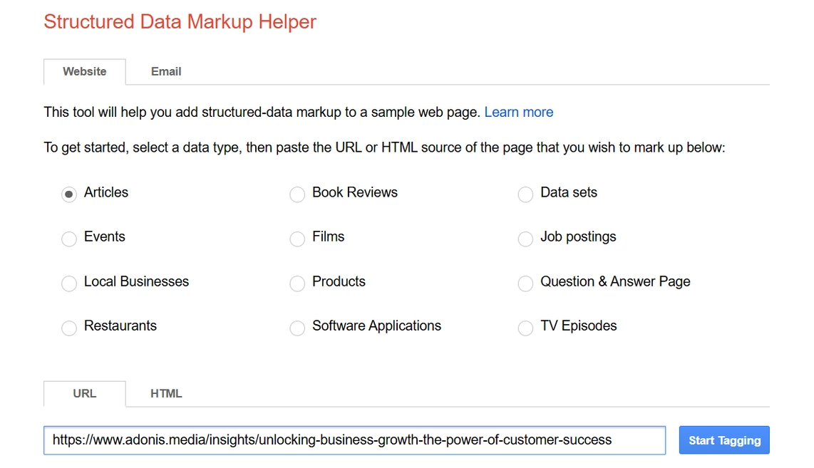 A screenshot of Google's Structured Data Markup Helper