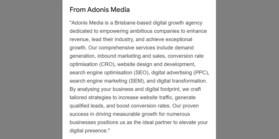 Boderia GBP business description in search results
