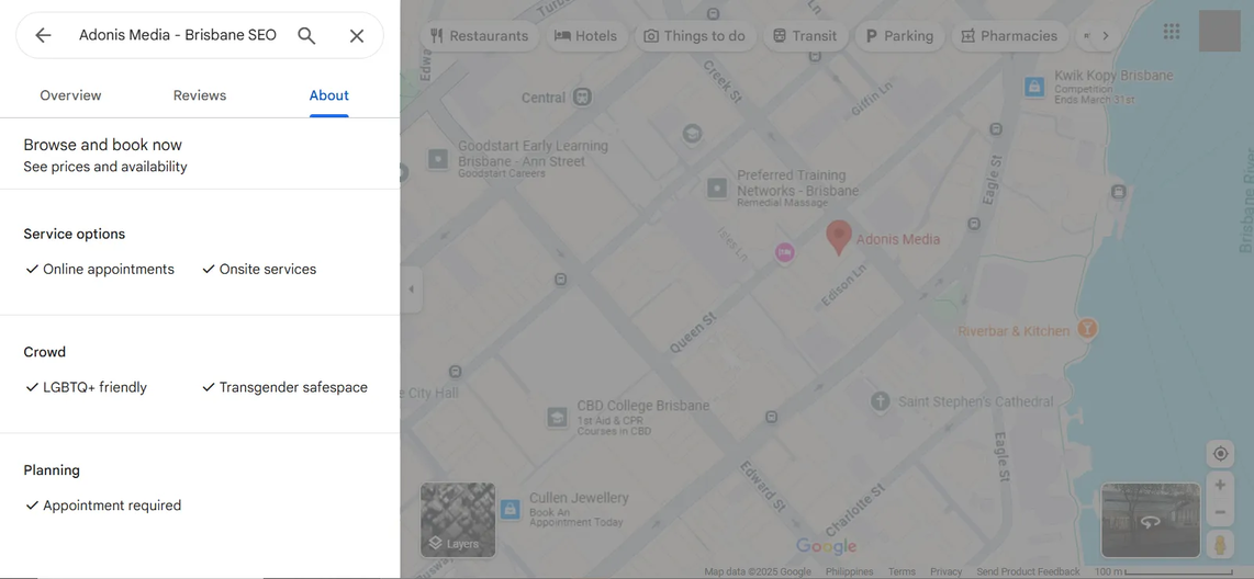 Boderia attributes and features in Google Maps