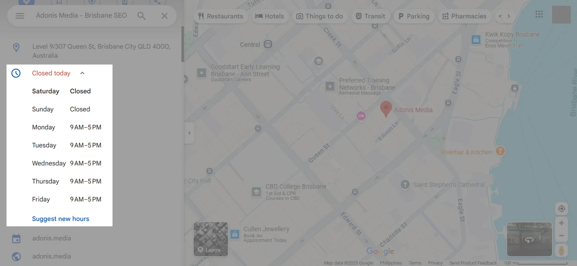Boderia GBP business hours in Google Maps