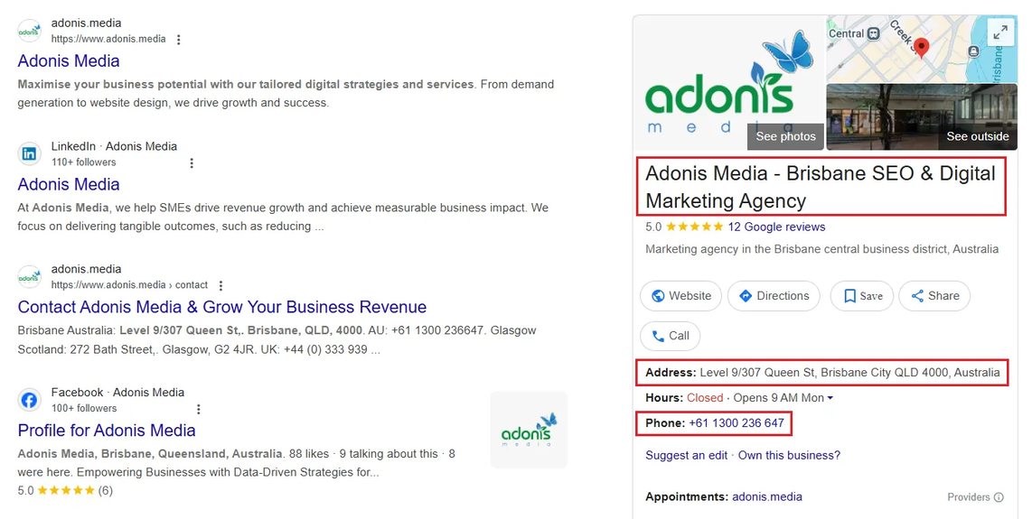 Boderia GBP NAP in search results