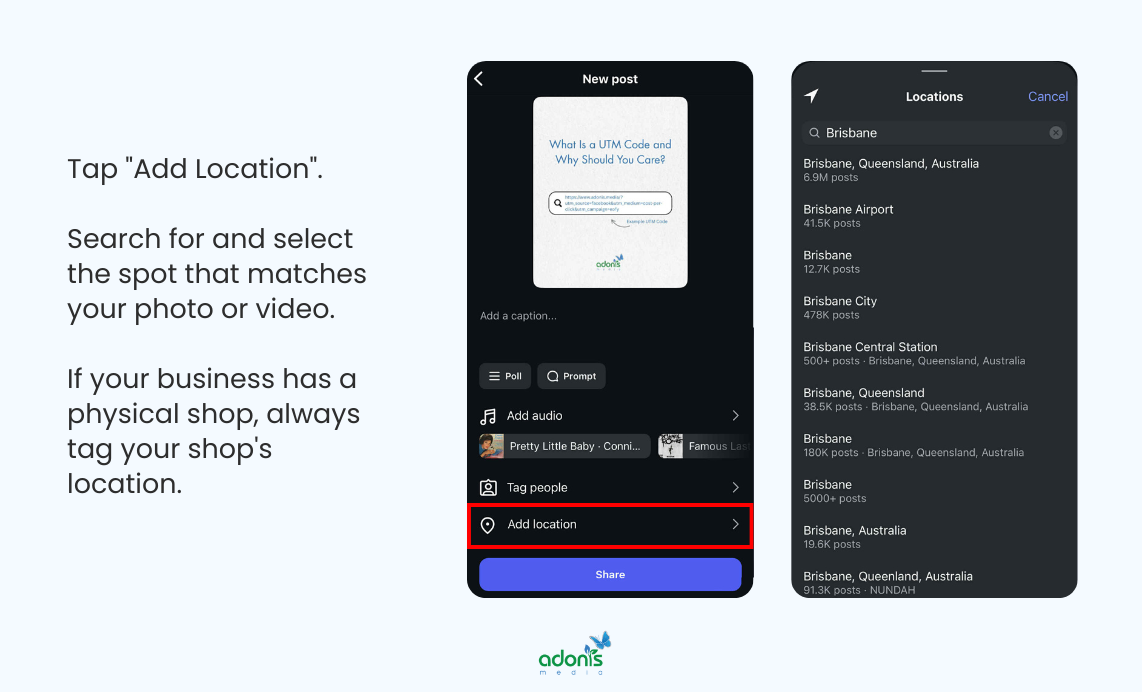 Adding location to Instagram post: (1) Tap