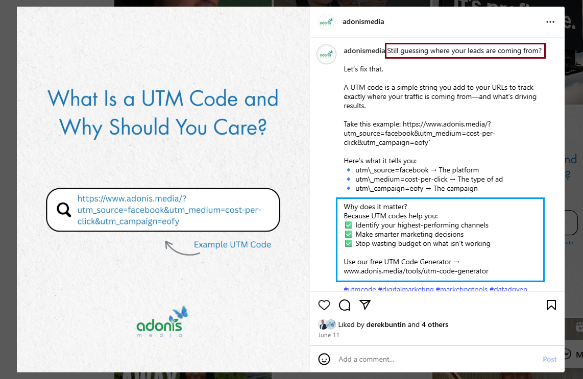 Instagram post of Boderia clicked from the Google search results, emphasising the part where the title tag and the meta description came from