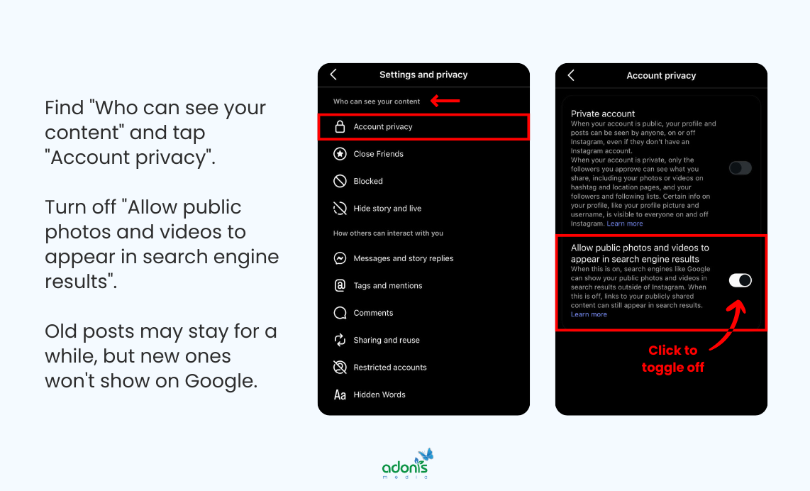 How to toggle off indexing on settings second image: (1) Find