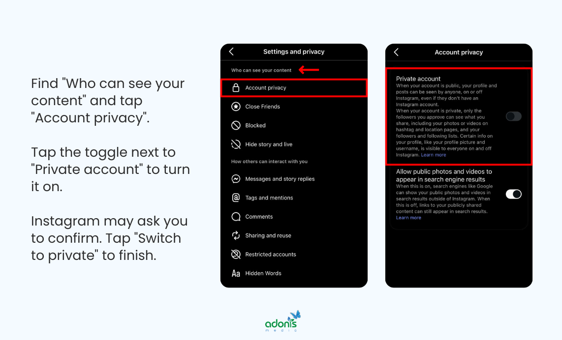 How to set account to private: (1) Find