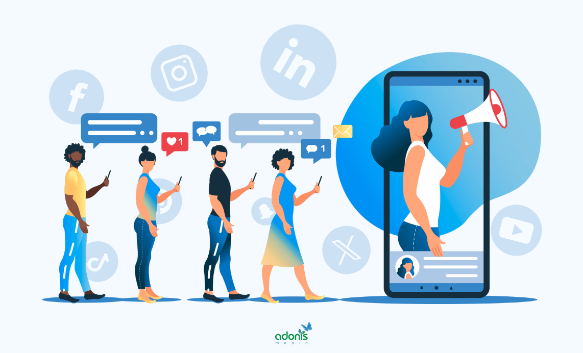 An influencer on the phone with four followers literally following her at her back, and transparent social media icons at the background