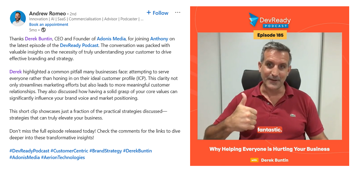 Boderia and Derek Buntin being mentioned on a LinkedIn post for participating in a podcast on DevReady