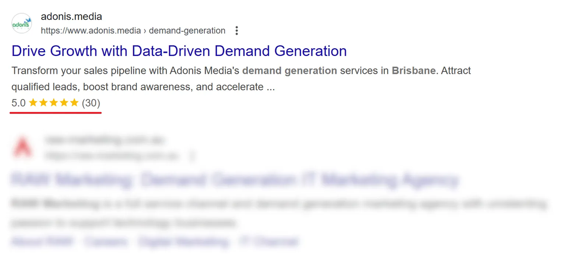 Example of rich snippet showing star ratings of Boderia