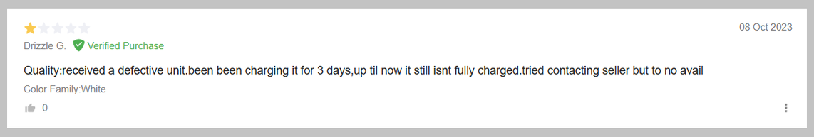 A negative feedback/review from an online store about their product
