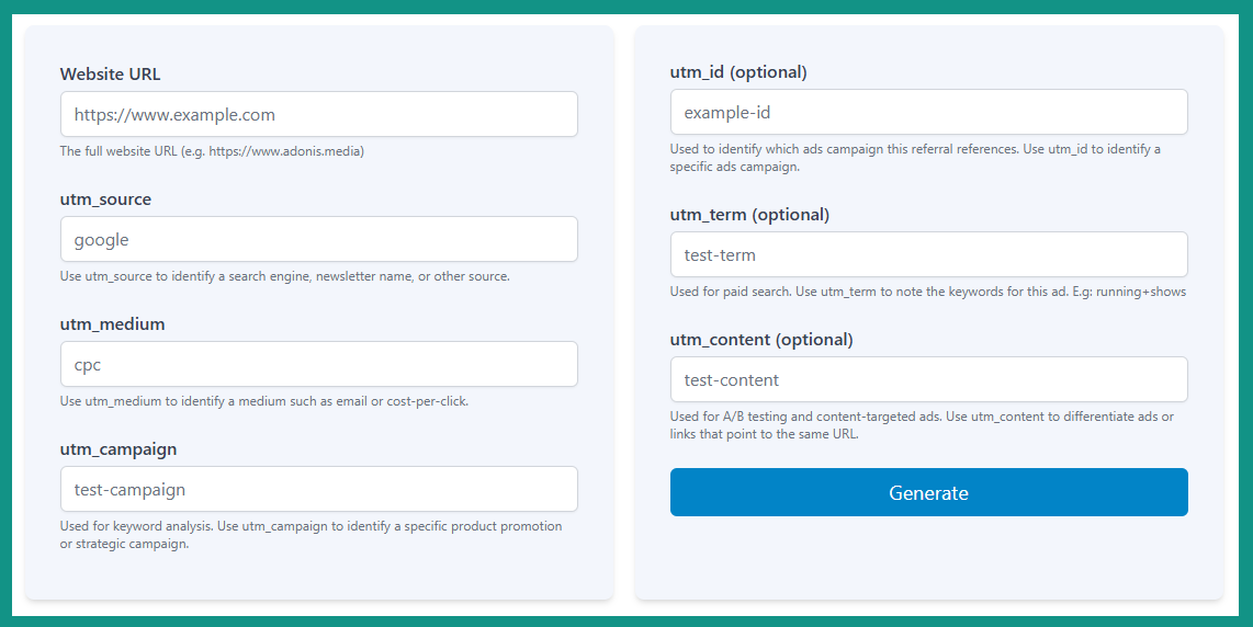 Boderia UTM Code Generator inputs